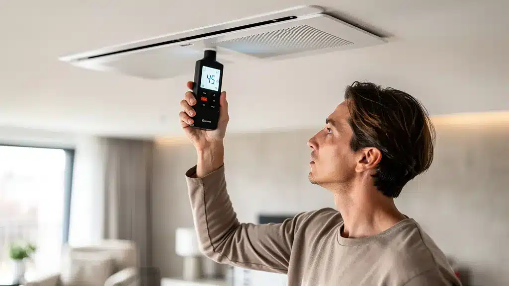 Niveau sonore des VMC extra plates : comment réduire les décibels ? - Vmc extra plate Photo de personne avec tenant pour niveau sonore des vmc extra plates : comment réduire les décibels