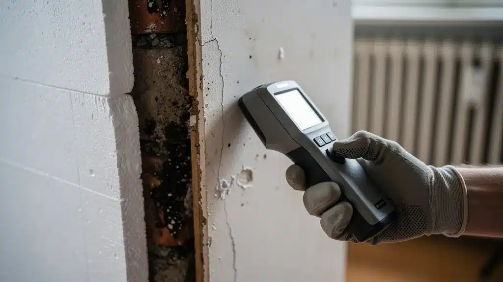 Photo de professionnel avec montrant pour humidité et moisissures : l'avertissement de l'habitologue