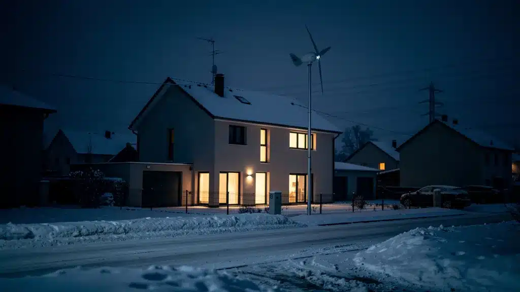 Photo de maison avec chaleureux pour batteries et éolienne domestique : l'autonomie
