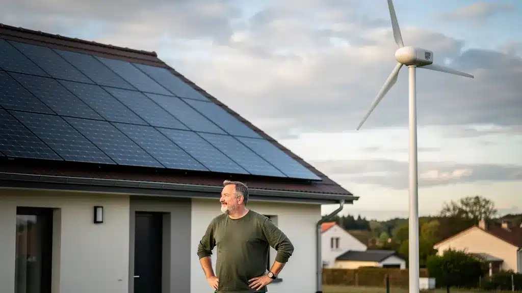 Éolienne pour particulier ou panneaux solaires : montrant et moderne