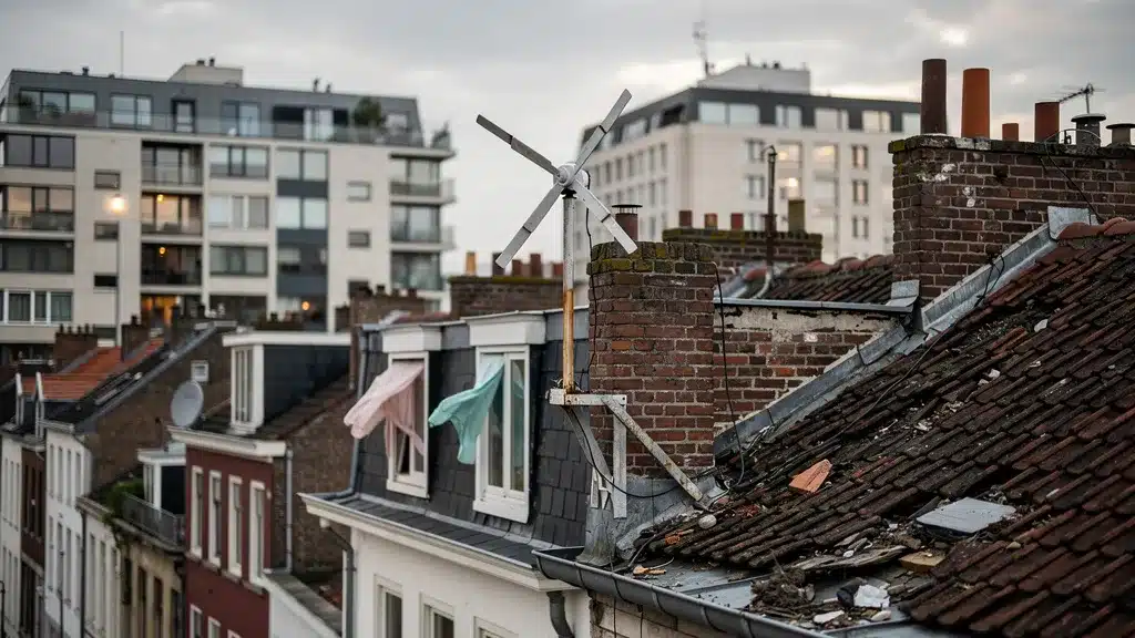 Regardant, maison, batiment illustrant éolienne de toit en ville : l'erreur à éviter