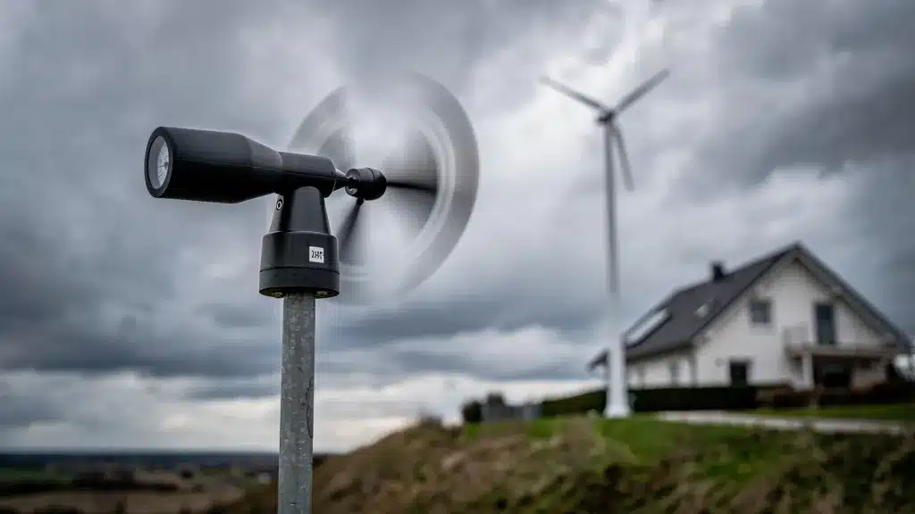 Close up on an anemometer spinning rapidly against a cloudy pour quel rendement espérer d'une éolienne domestique