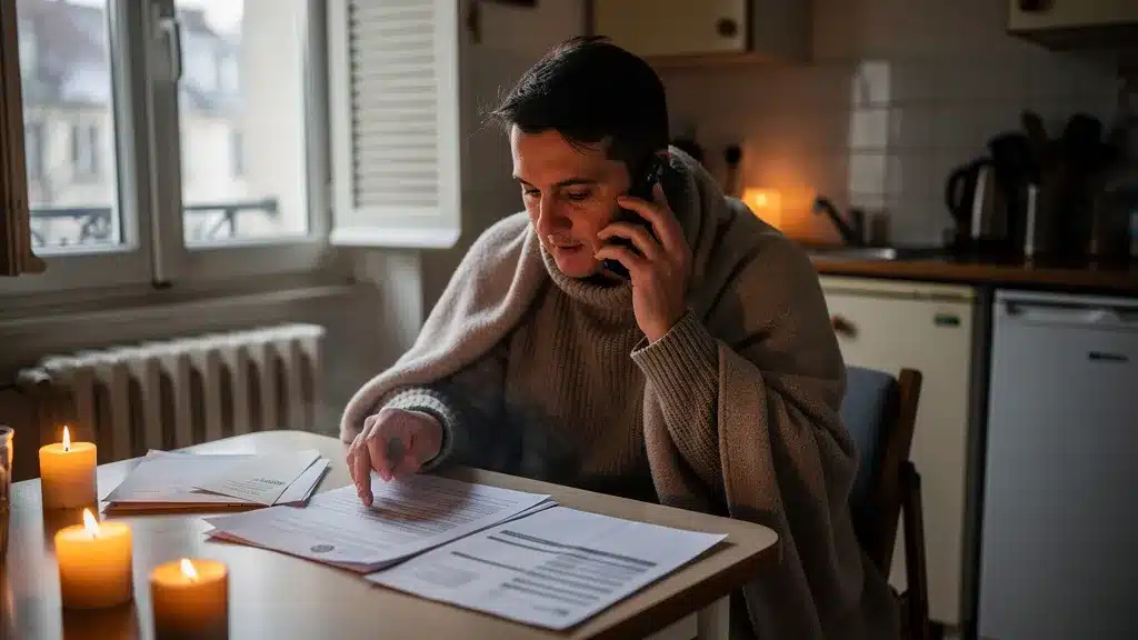 Personne, telephone, document illustrant trêve hivernale et recours légaux contre une coupure abusive