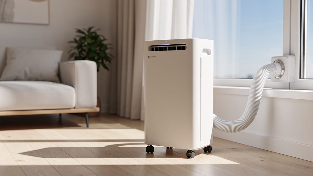 Climatiseur mobile posé dans un salon près d'une fenêtre en été