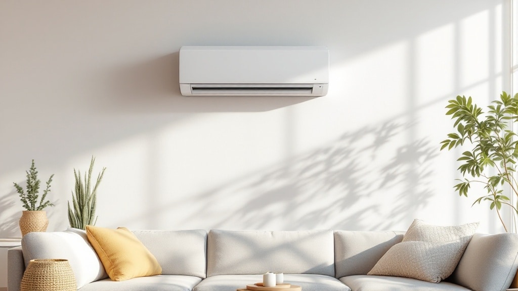 Climatiseur monobloc mural blanc dans un salon moderne, sans unité extérieure