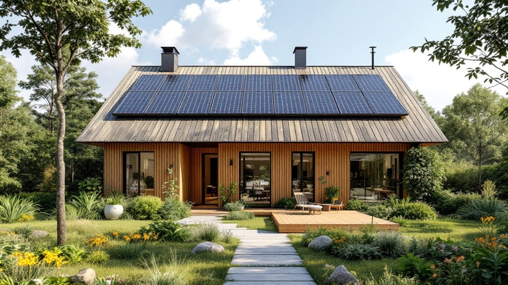 Maison ecologique moderne en bois avec panneaux solaires et toiture vegetalisee