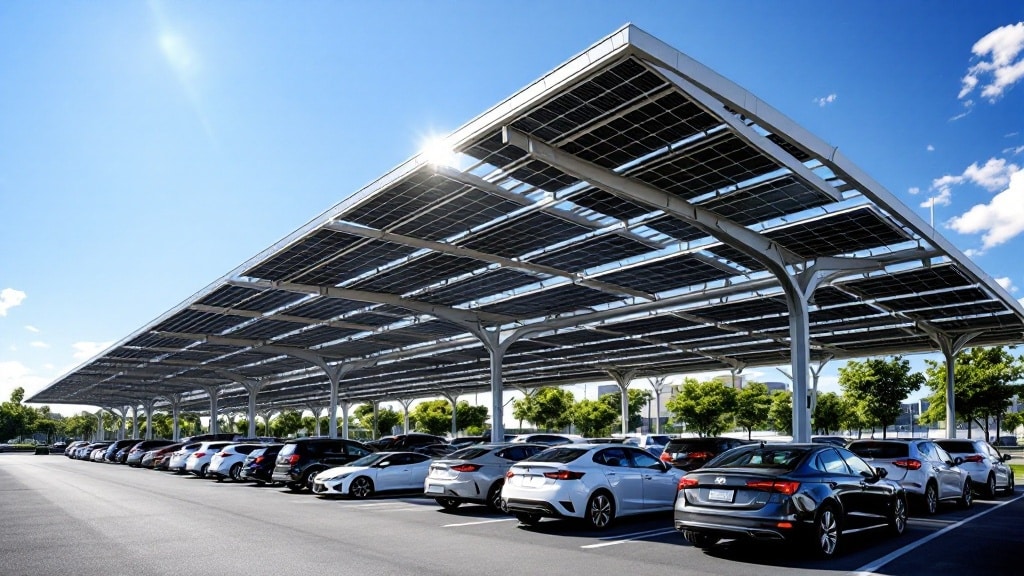 Ombriere solaire photovoltaique couvrant un parking de panneaux solaires