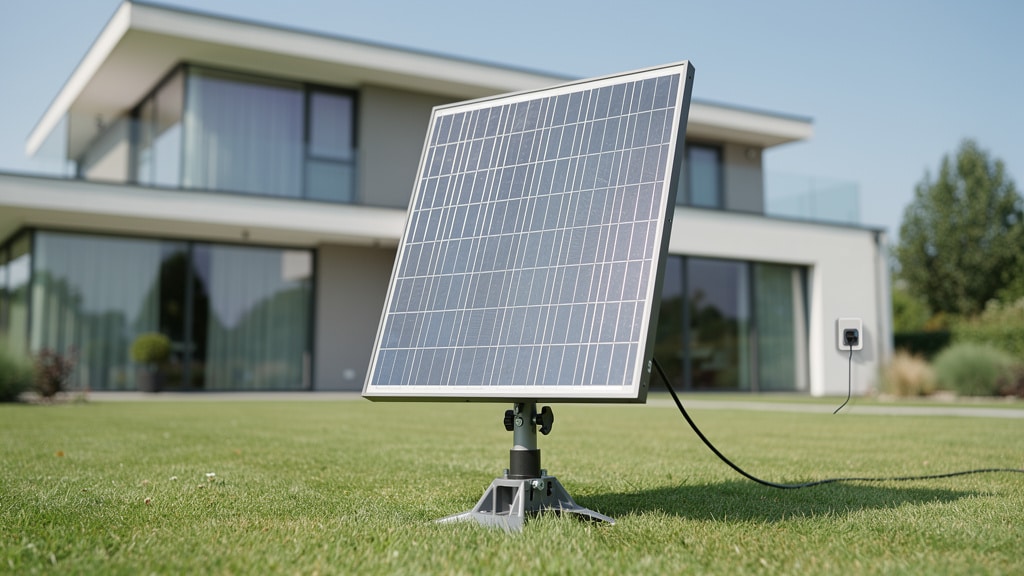 Panneau solaire plug and play sur support au sol relié à une prise dans un jardin