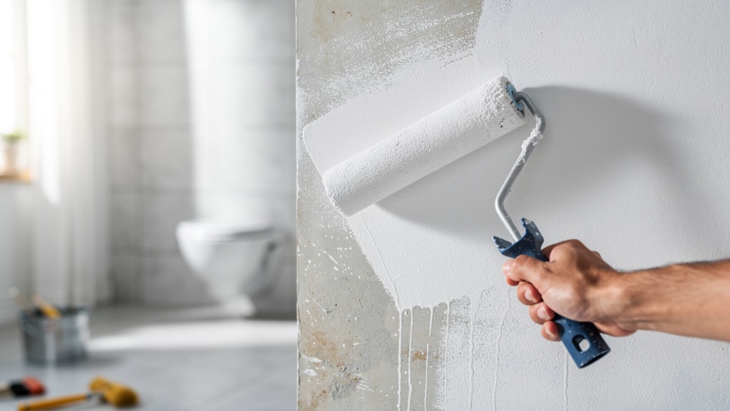 Application d'une peinture anti-humidité blanche au rouleau sur un mur intérieur
