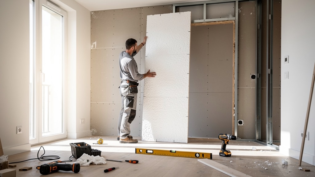 Pose d'un placo isolant : panneau de doublage avec isolant sur un mur intérieur