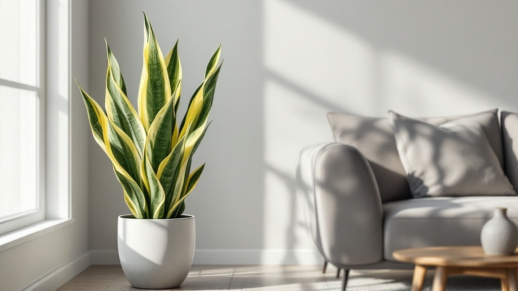 Sansevieria langue de belle-mere au feuillage panache vert et jaune dans un salon lumineux