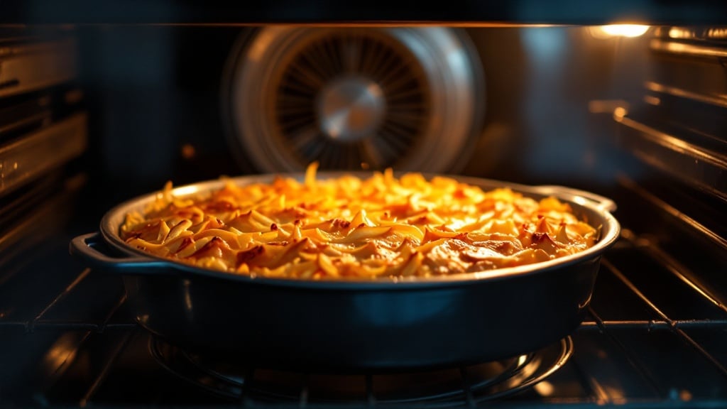 Gratin doré en cuisson chaleur tournante vu à travers la porte du four