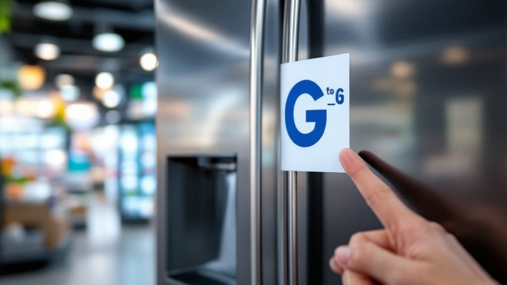 Étiquette énergie de classe A à G collée sur la porte d'un réfrigérateur