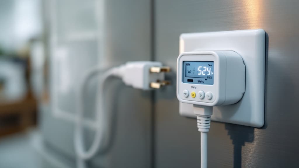 Wattmètre branché sur la prise du réfrigérateur pour mesurer sa consommation réelle