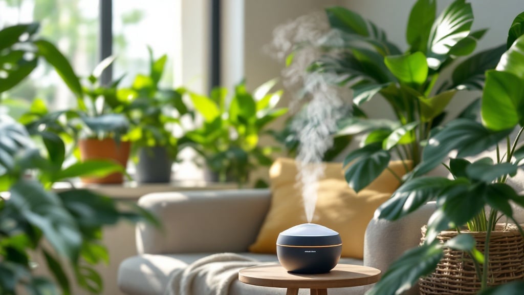 Plantes vertes et humidificateur pour remonter l'hygrométrie du salon