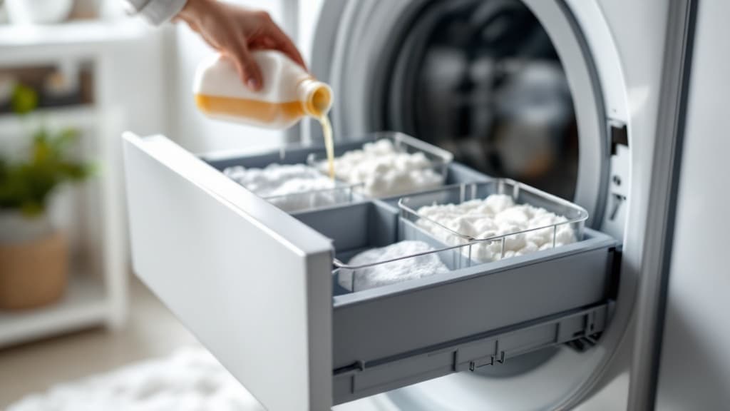 Bac à lessive ouvert d'une machine à laver avec ses trois compartiments