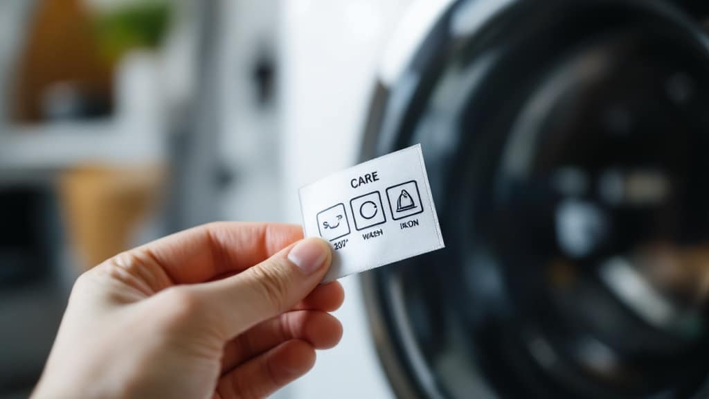Étiquette d'entretien avec symboles de lavage tenue devant une machine à laver