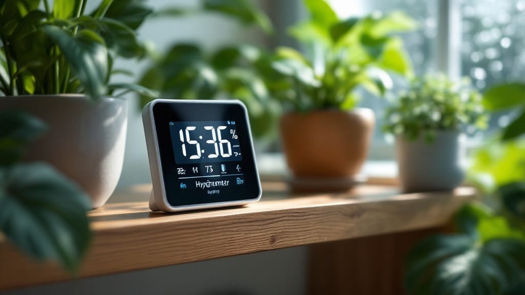 Taux d'humidité maison : hygromètre digital posé dans un salon avec plantes vertes