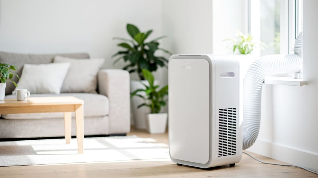 Climatiseur mobile monobloc blanc avec gaine d'évacuation dans un salon lumineux