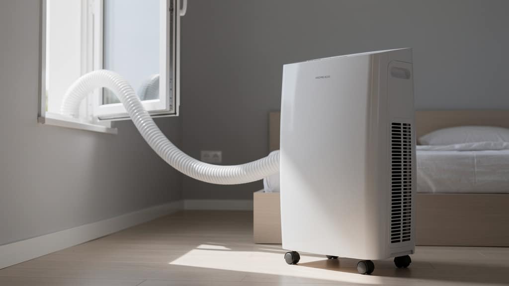 Climatiseur mobile monobloc blanc sur roulettes avec gaine vers la fenêtre dans une chambre