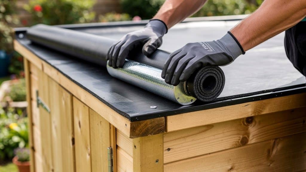 Pose d'une bâche EPDM noire sur le toit plat d'un abri de jardin en bois, rouleau et gants
