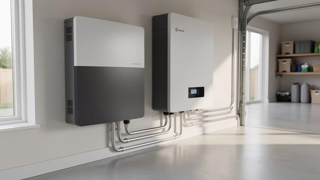 Batterie solaire de stockage murale dans un local technique moderne