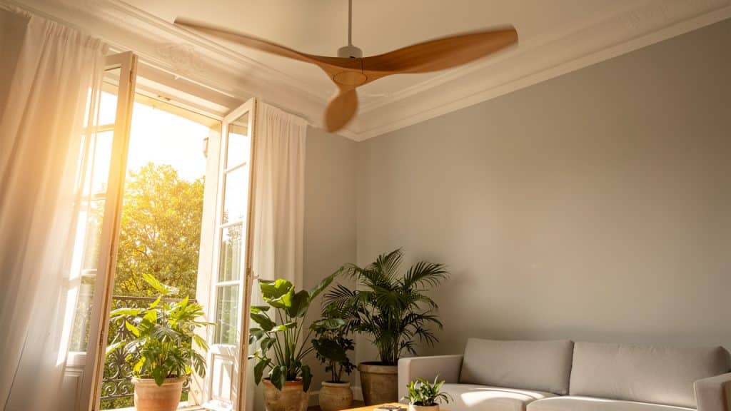 Brasseur d'air moderne à pales bois au plafond d'un salon lumineux en été