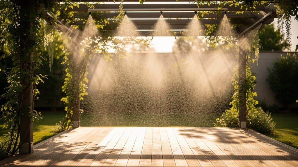 Brumisateur extérieur diffusant une brume rafraîchissante sous une pergola ombragée l'été