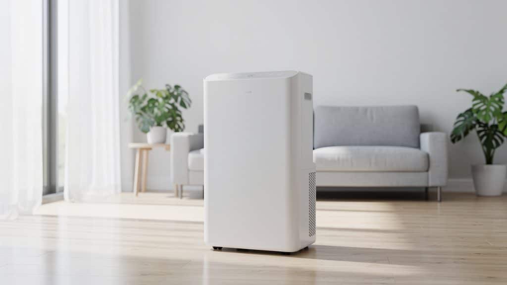 Climatiseur mobile Carrefour Home blanc dans un salon lumineux en ete