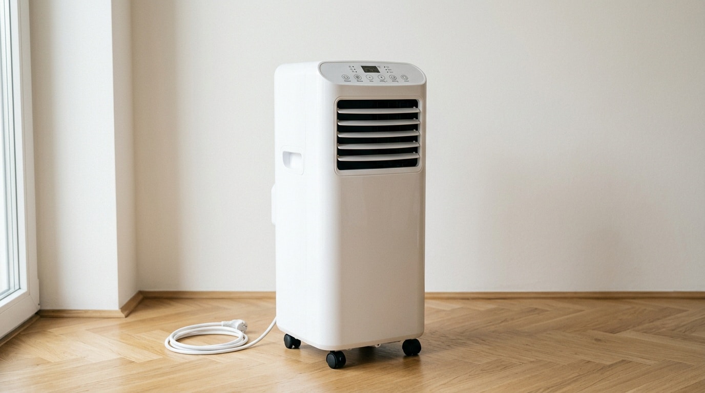 Climatiseur mobile Tronic vendu par Lidl, vue de trois quarts avec grille noire, panneau de commande et roulettes