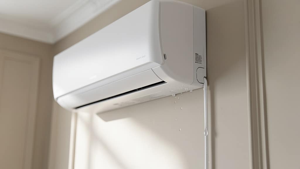 Climatiseur split qui coule à l'intérieur, gouttes de condensat le long du tuyau d'évacuation