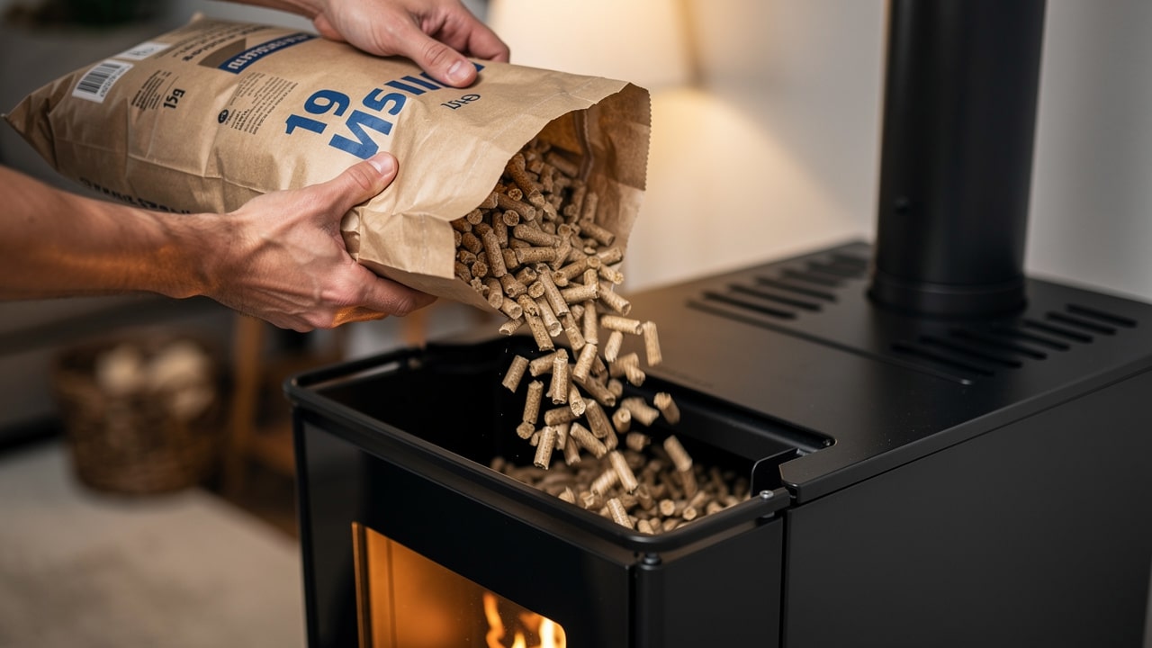 Recharge d'un poêle à granulés avec un sac de pellets de 15 kg après l'installation