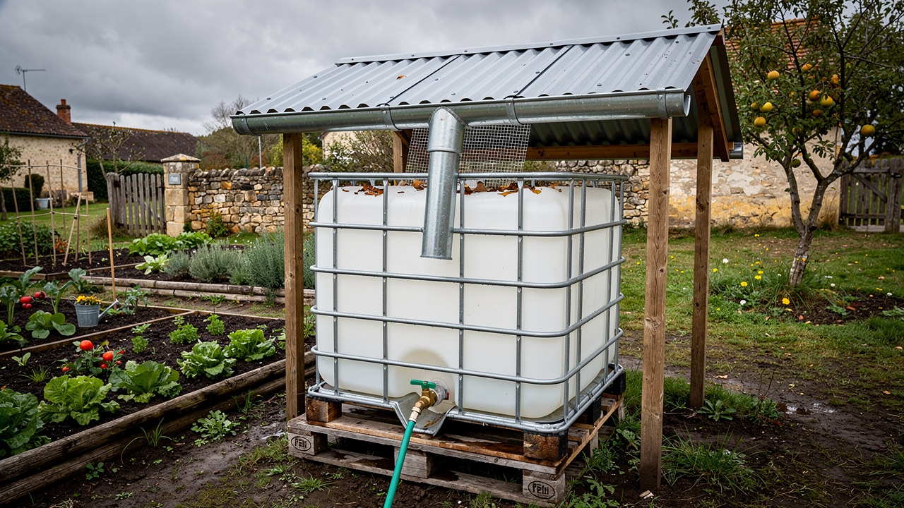 Cuve IBC de 1 000 litres sur palettes avec abri en tôle, montage low-tech pour récupérer l'eau de pluie