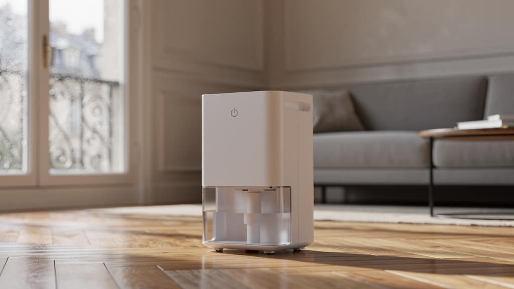 Déshumidificateur électrique compact avec réservoir dans un salon, condensation sur la fenêtre