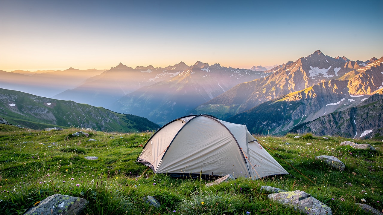 Tente installée sur un plateau herbeux avec vue sur les montagnes au lever du soleil