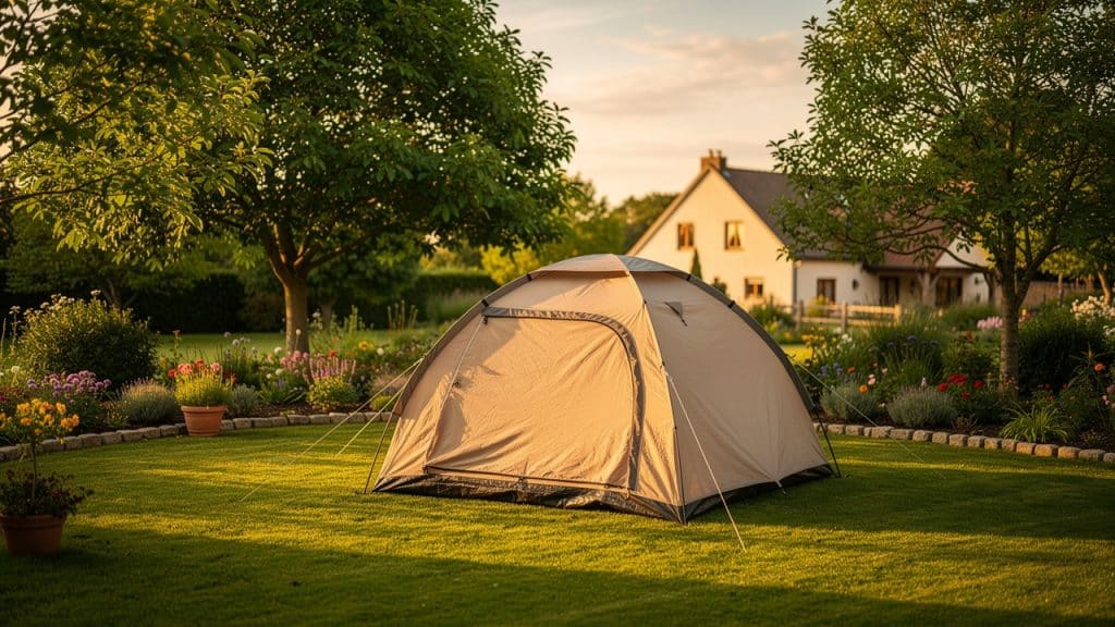 Tente installée dans un jardin privé au coucher du soleil, exemple de gamping chez l'habitant