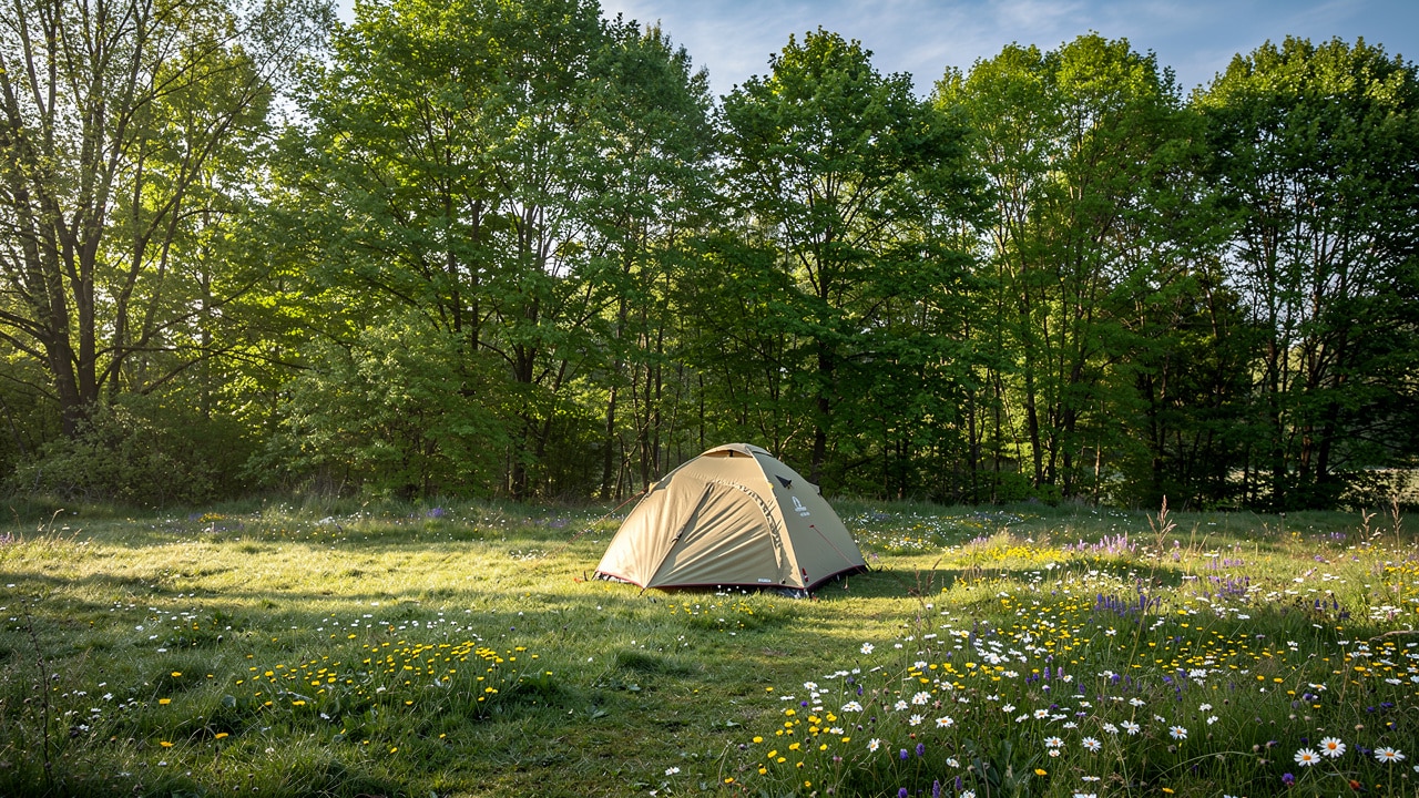Petite tente plantée dans une prairie fleurie entourée d'arbres, emplacement de gamping en pleine nature