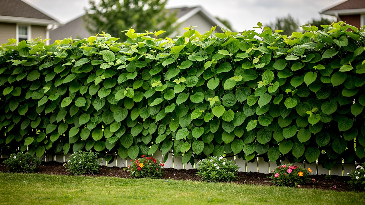 Haie brise-vue au feuillage dense qui pousse vite le long d'une clôture de jardin en été