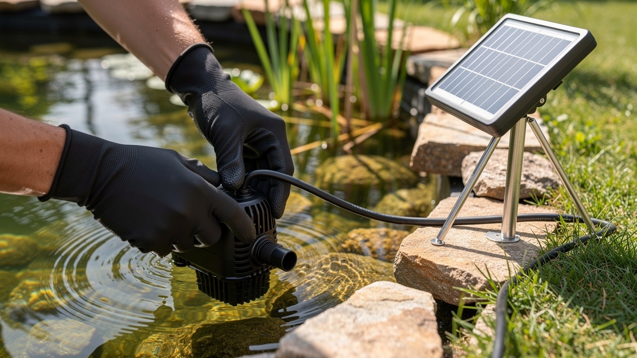 Installation d'une pompe solaire immergée au bord d'un bassin de jardin, panneau sur piquet