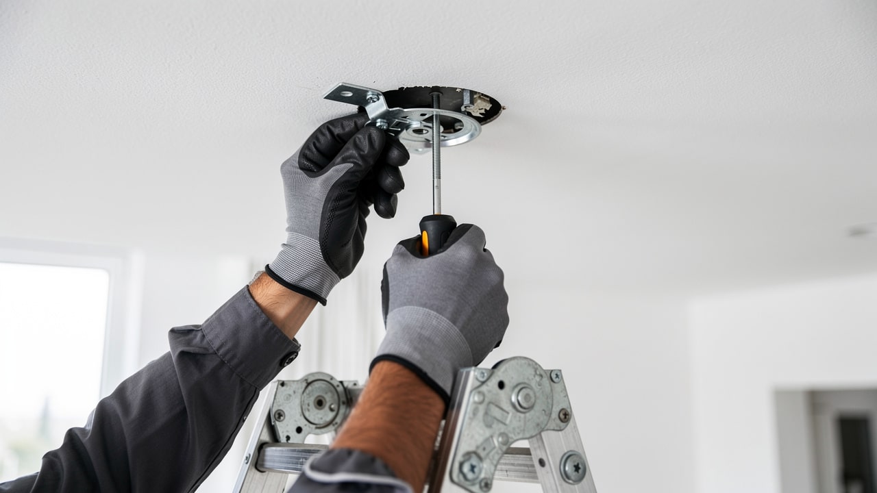Installation du support d un ventilateur de plafond au boîtier DCL, mains gantées sur escabeau