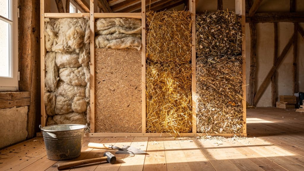 Mur à ossature bois en cours d'isolation avec plusieurs isolants naturels : laine de mouton, fibre de bois, paille et fibres végétales broyées