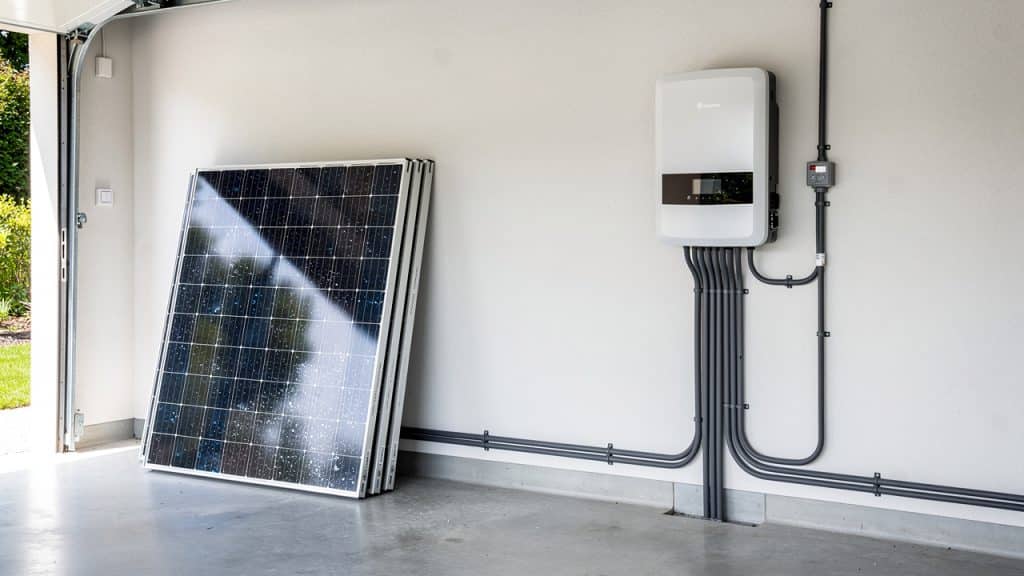 Kit solaire autonome : panneaux photovoltaïques et onduleur hybride avec batterie dans un garage
