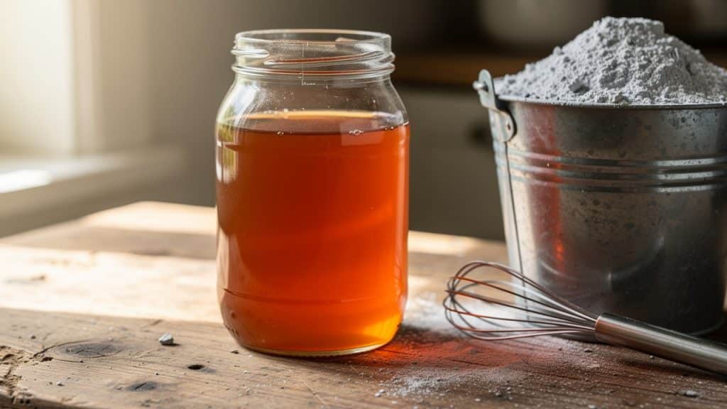 Bocal en verre de lessive à la cendre à côté d'un seau de cendre de bois tamisée et d'un fouet