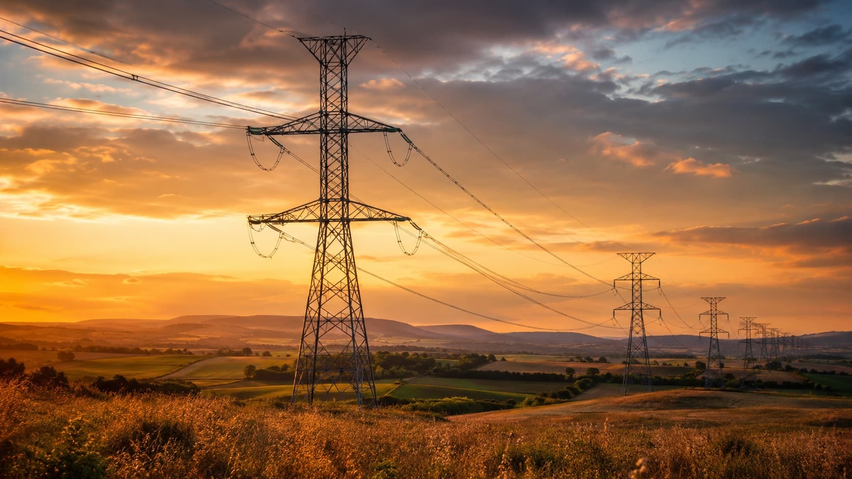 Lignes à haute tension traversant une campagne vallonnée au coucher du soleil, illustrant le réseau électrique français planifié par la PPE 3