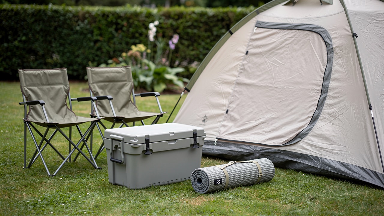 Matériel de camping (chaises, glacière, tapis) disposé près d'une tente dans un jardin