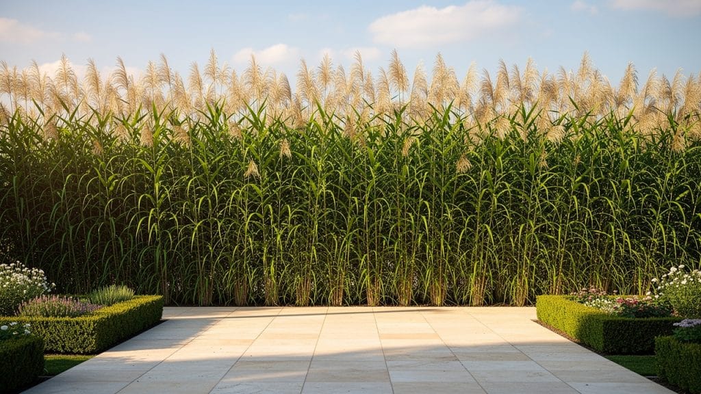 Haie brise-vue de miscanthus géant de plus de 3 mètres le long d'une terrasse de jardin
