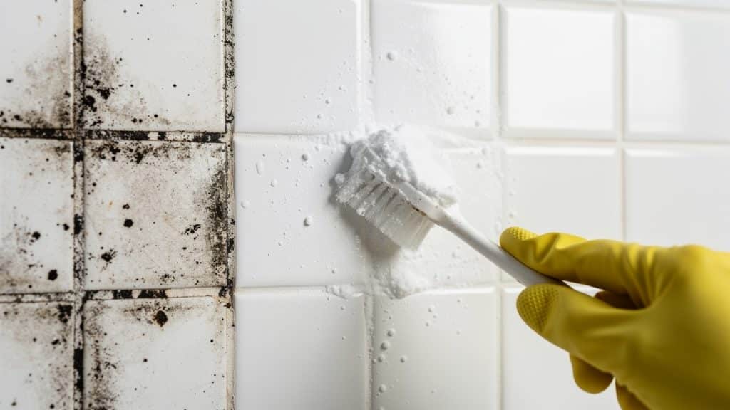 Nettoyage des joints de salle de bain moisis avec une brosse à dents et une pâte de bicarbonate