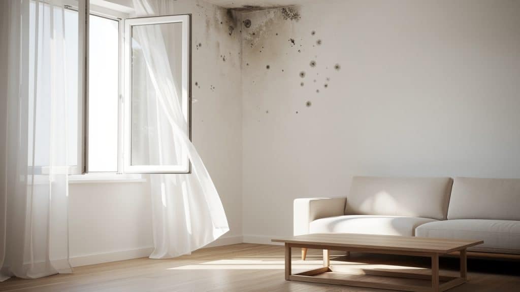 Fenêtre ouverte pour chasser l'odeur d'humidité dans une maison, traces de moisissure dans l'angle du mur