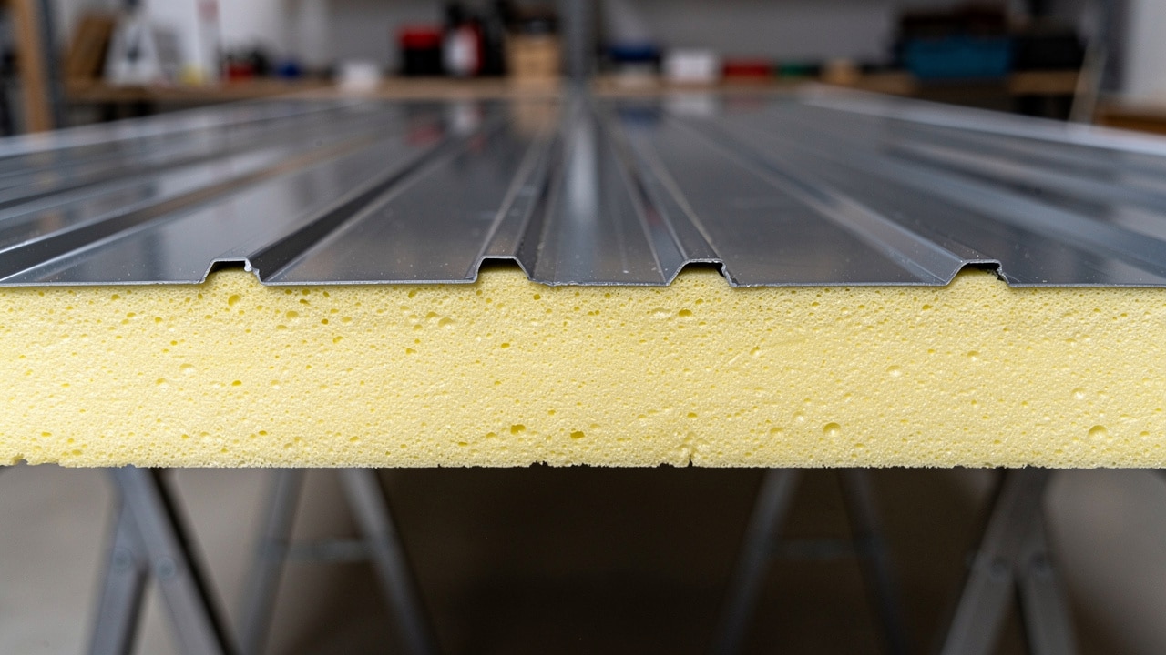Coupe d'un panneau sandwich de toiture : tôle d'acier nervurée sur une âme isolante en mousse PIR