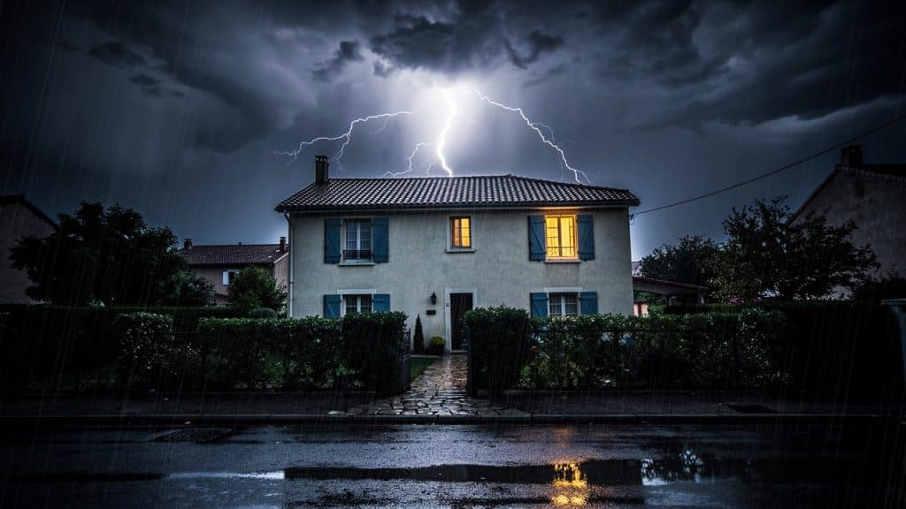Foudre frappant au-dessus d'une maison individuelle pendant un orage nocturne